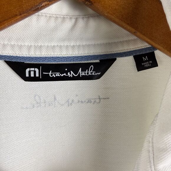 TravisMathew Men’s Polo Shirt Medium White Blue Stripe Performance Golf Top - Picture 6 of 7